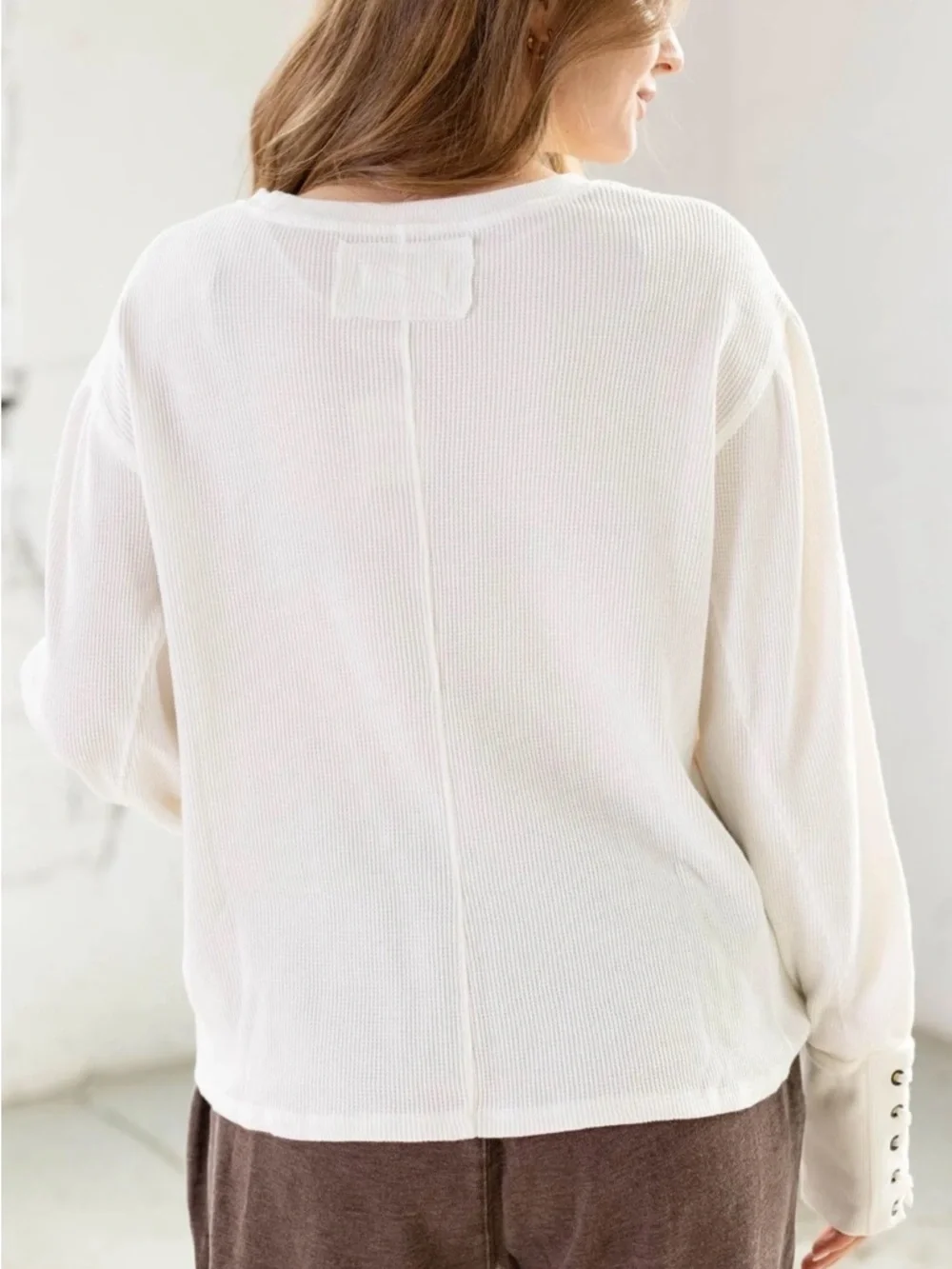 NWOT Free People Lapis Lace-Up Cuff Cotton Waffle Knit Thermal Shirt - Picture 2 of 6